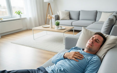 Мужчина лежит на диване, ему нездоровится
